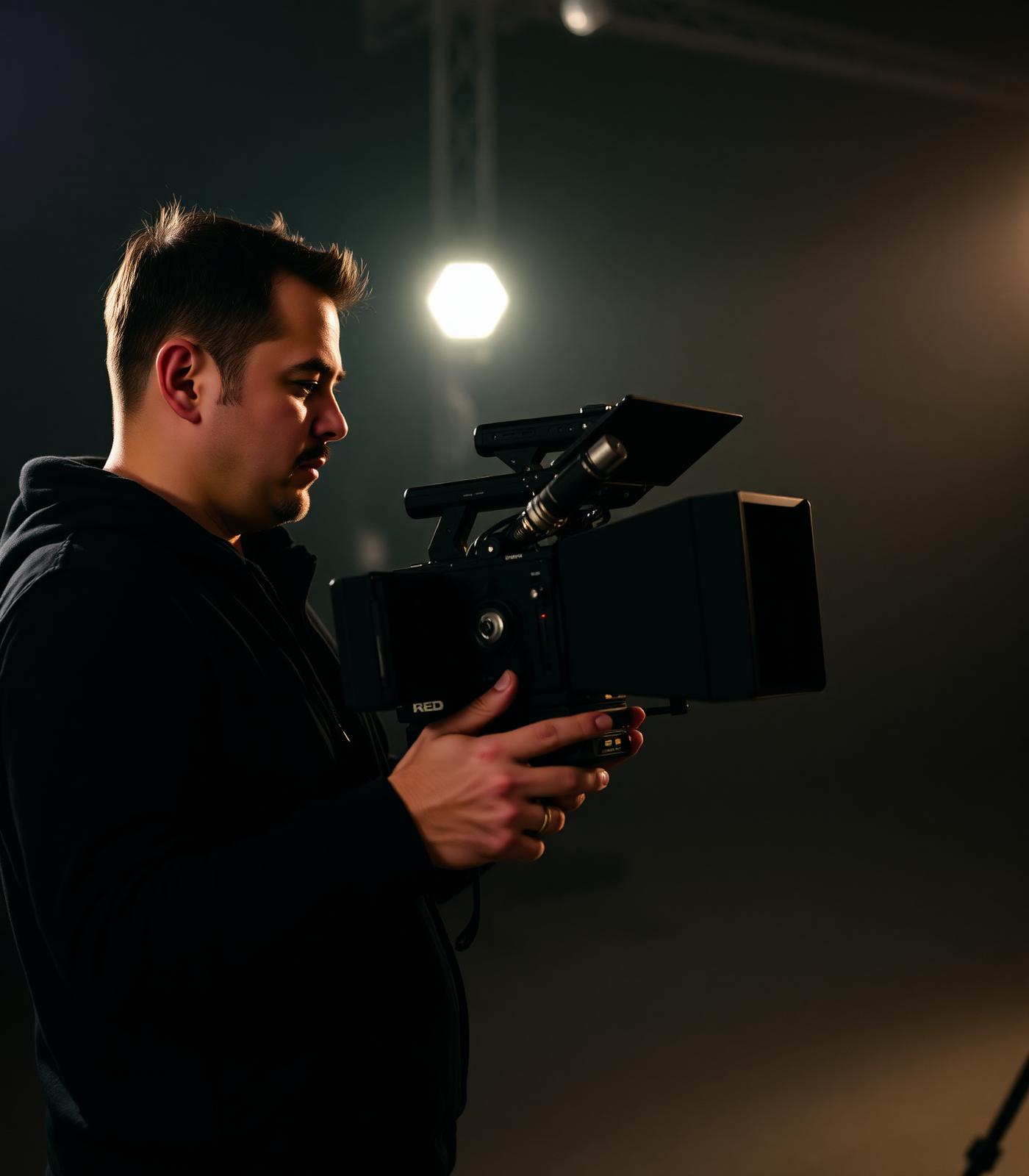 Director operating a professional cinema camera on set